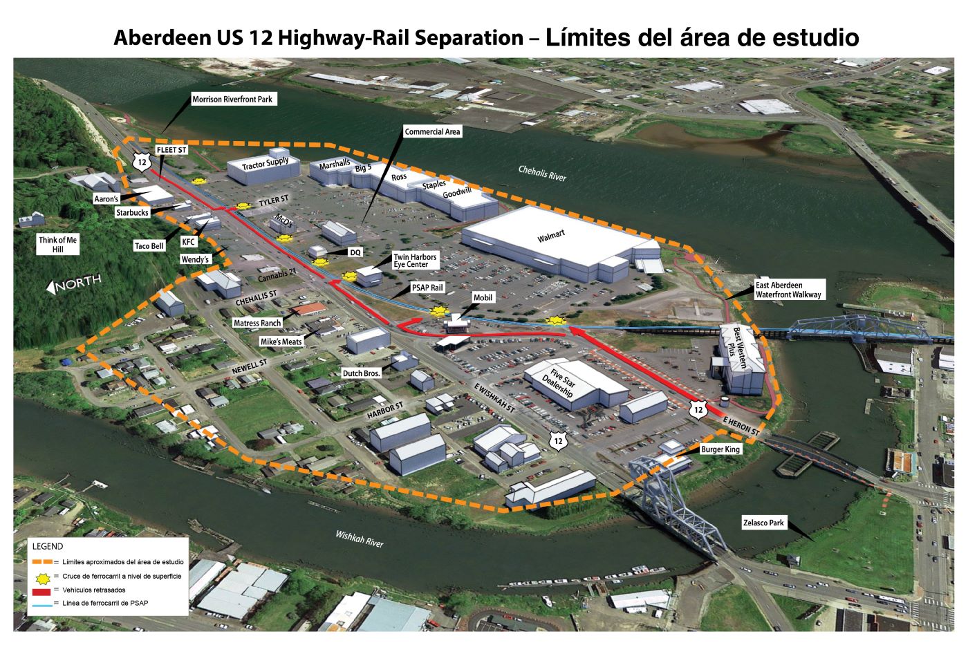 Vista aérea de las condiciones existentes en la US 12 que muestra los cruces de ferrocarril entre la autopista y las zonas comerciales situadas al sur.